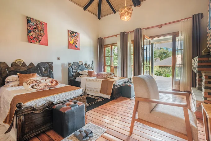 Ingagi park view lodge overseeing the Virunga mountains that encompass the Volcanoes national park in Rwanda