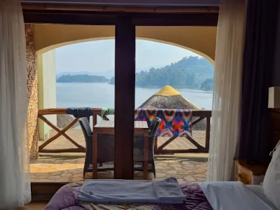 A room at Birdnest resort overlooking lake Bunyonyi in western Uganda