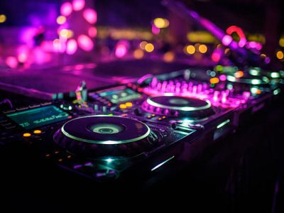 DJ console desk at nightclub night life on Africa safari