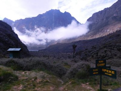 Mt Baker and Lake Bujuku as seen from Bujuku Camp in Rwenzori Mountains Uganda Mountain Rwenzori trails